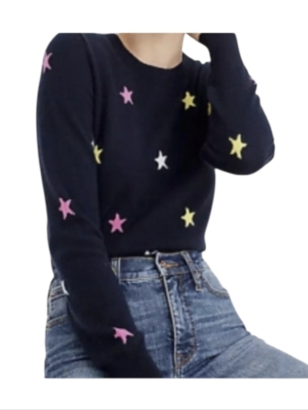 J. Crew Cashmere Navy Star Pattern Crewneck Sweater Pink, Yellow & White Stars